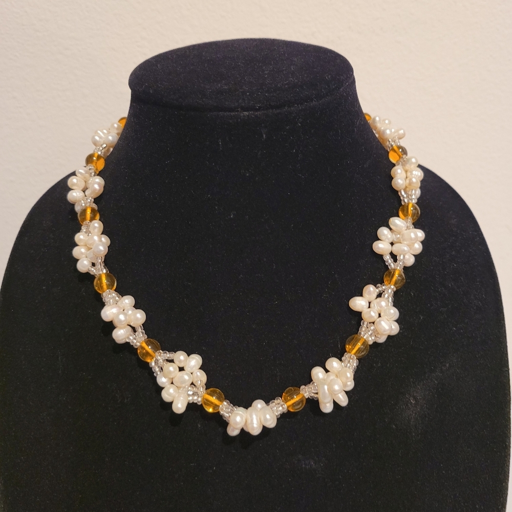 White Fresh Water Pearl Accented By Amber Color Glass Beads in Floral Design New